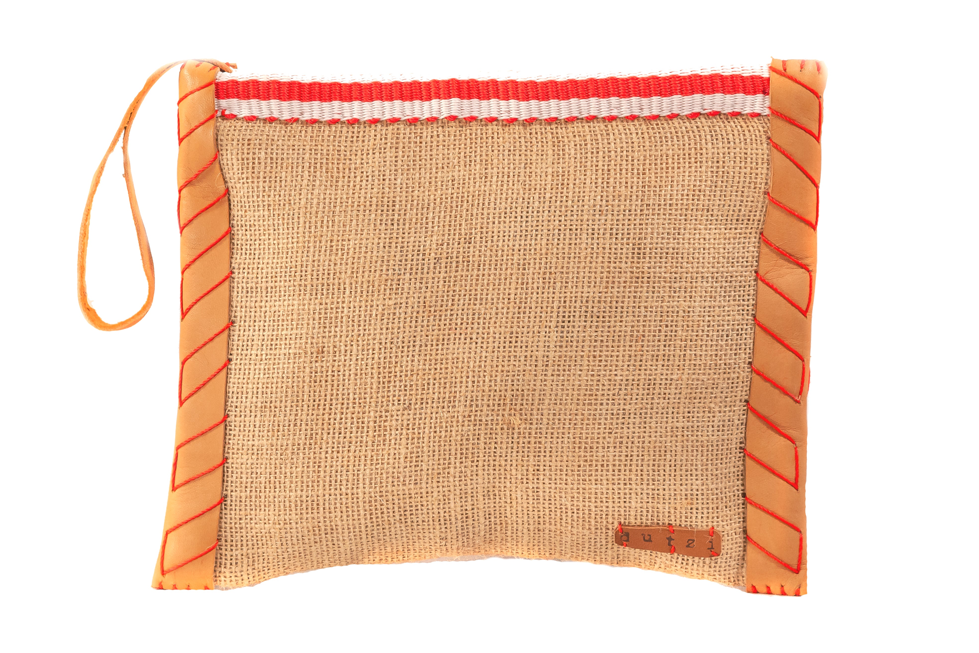 Vintage Burlap Pouch with Leather & Mecapal