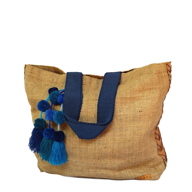 Vintage Burlap large tote with pompom