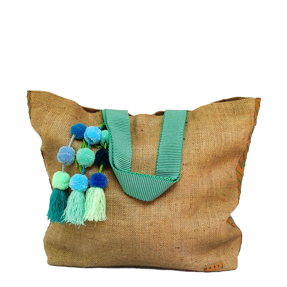 Vintage Burlap large tote with pompom