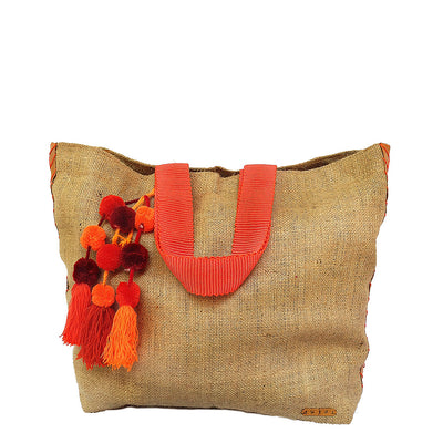 Vintage Burlap large tote with pompom