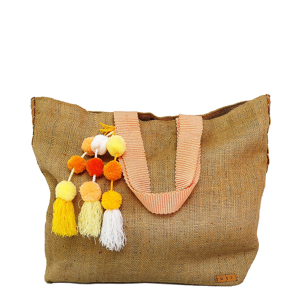 Vintage Burlap large tote with pompom