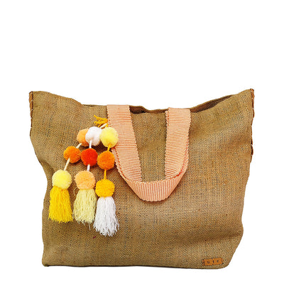 Vintage Burlap large tote with pompom