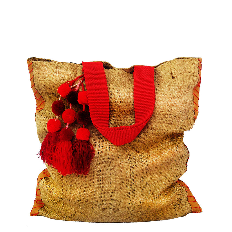 Vintage Burlap Bag Overnight / Carry on Bag with pompom