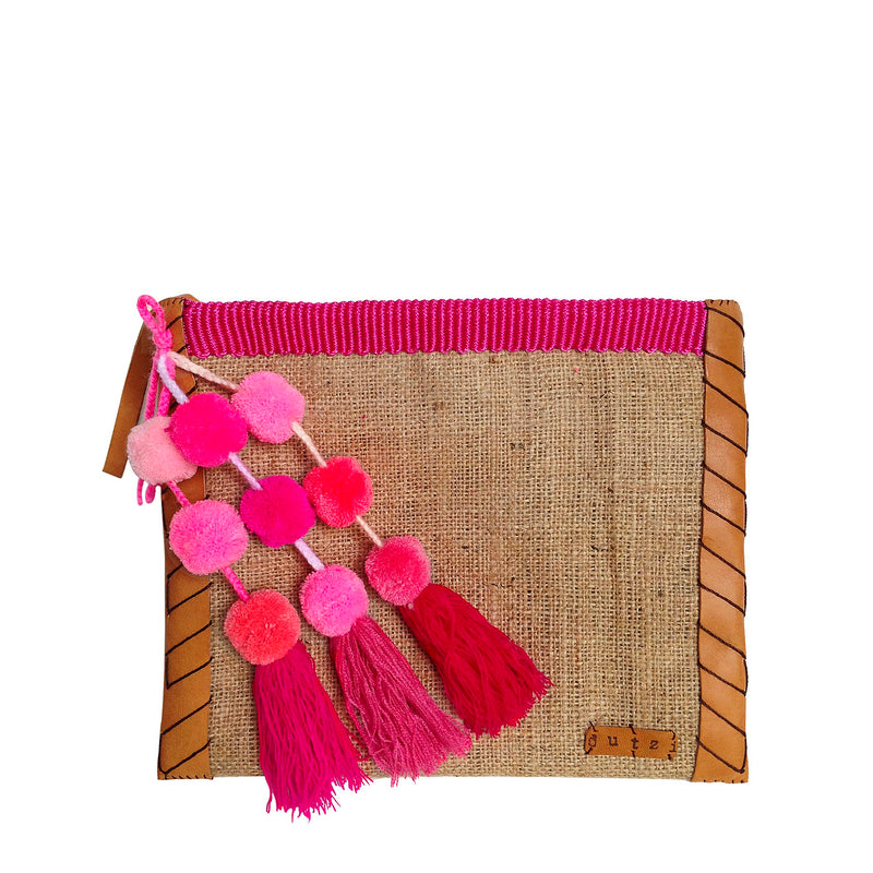Vintage Burlap Pouch with pompom