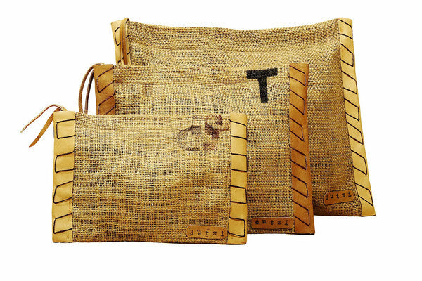 Vintage Burlap Pouch with Suede/Leather Side Trim
