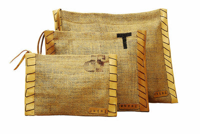 Vintage Burlap Pouch with Suede/Leather Side Trim