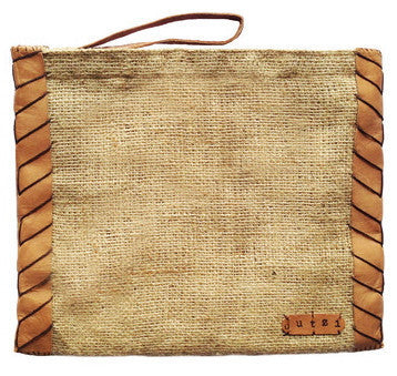 Vintage Burlap Pouch with Suede/Leather Side Trim