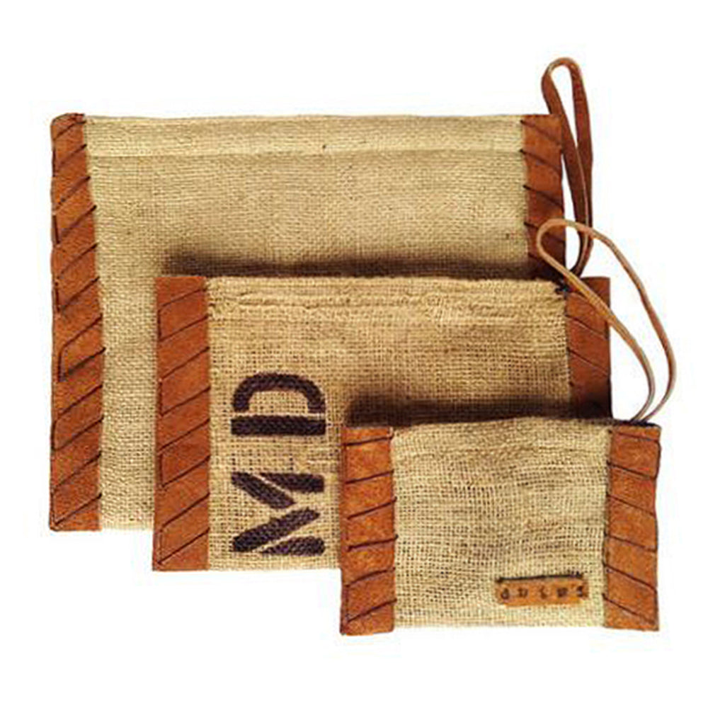 Vintage Burlap Pouch with Suede/Leather Side Trim