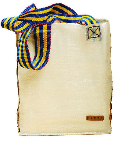 White Raffia & Leather Tote with Colorful Mecapal Strap
