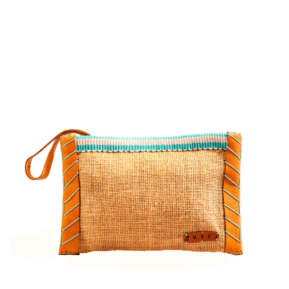 Vintage Burlap Pouch with Leather & Mecapal