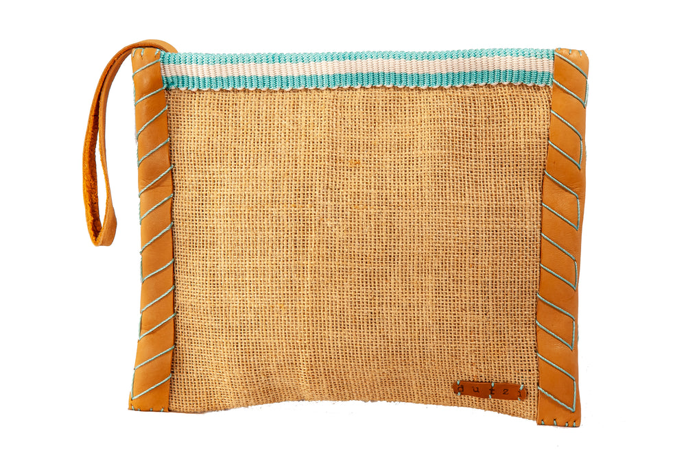 Vintage Burlap Pouch with Leather & Mecapal