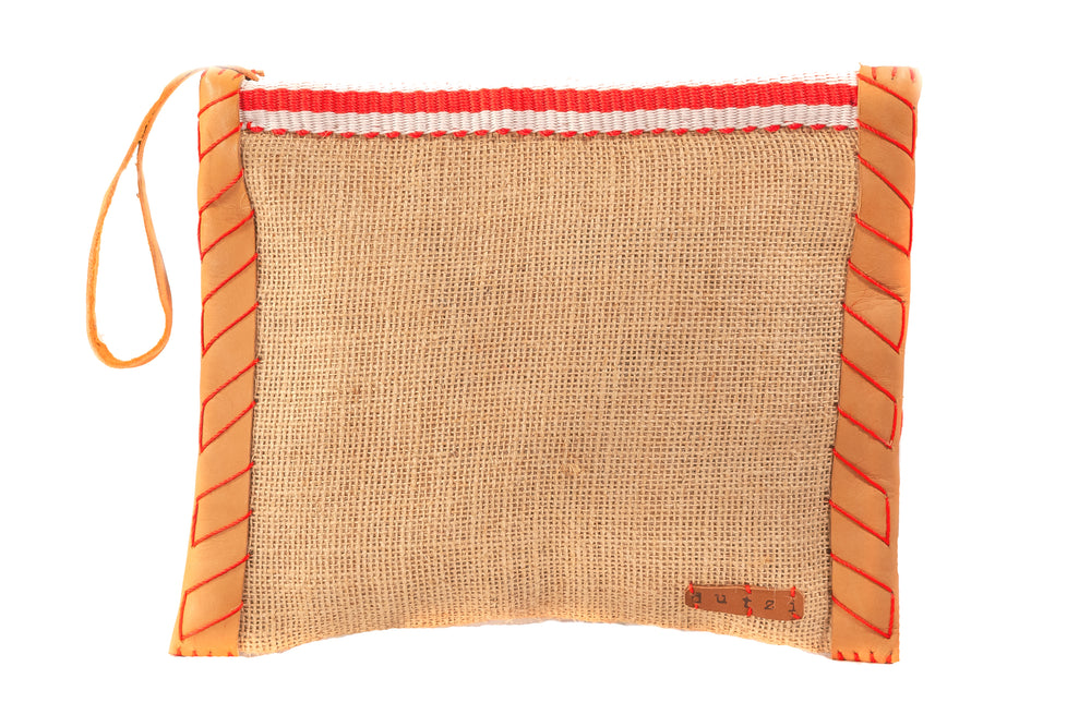 Vintage Burlap Pouch with Leather & Mecapal