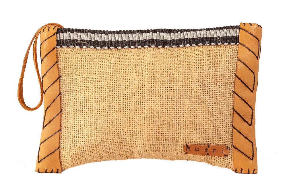 Vintage Burlap Pouch with Leather & Mecapal