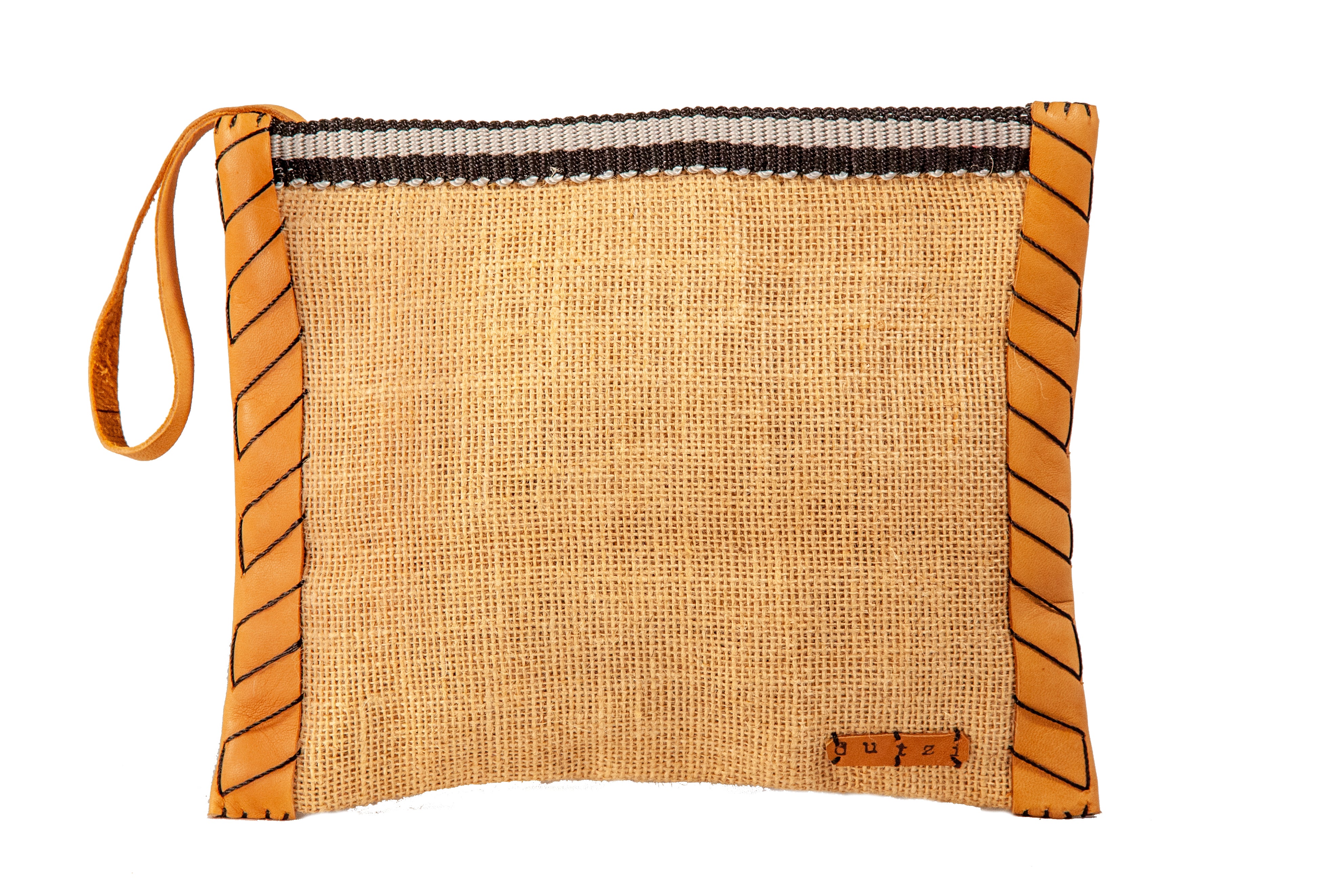 Vintage Burlap Pouch with Leather & Mecapal