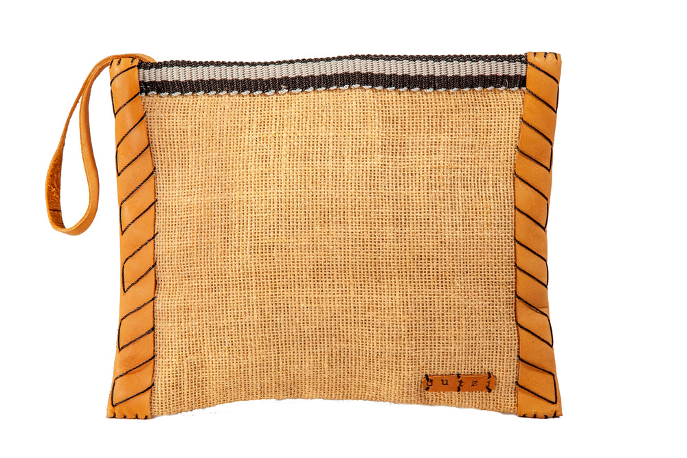 Vintage Burlap Pouch with Leather & Mecapal