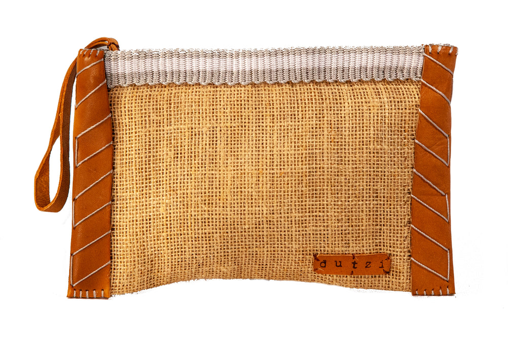 Vintage Burlap Pouch with Leather & Mecapal