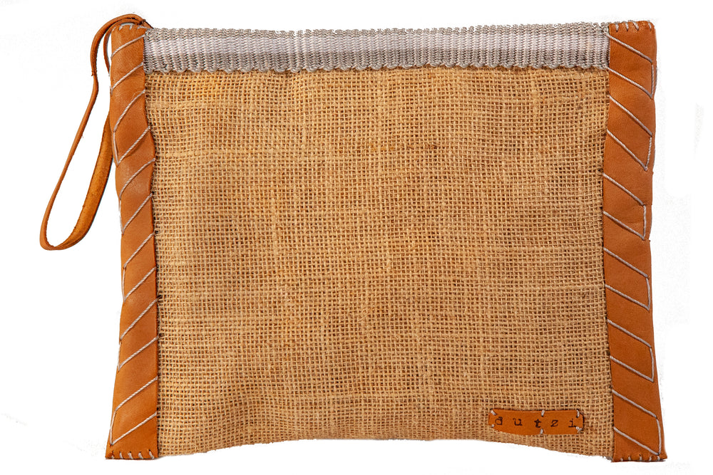 Vintage Burlap Pouch with Leather & Mecapal