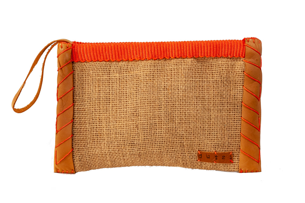 Vintage Burlap Pouch with Leather & Mecapal