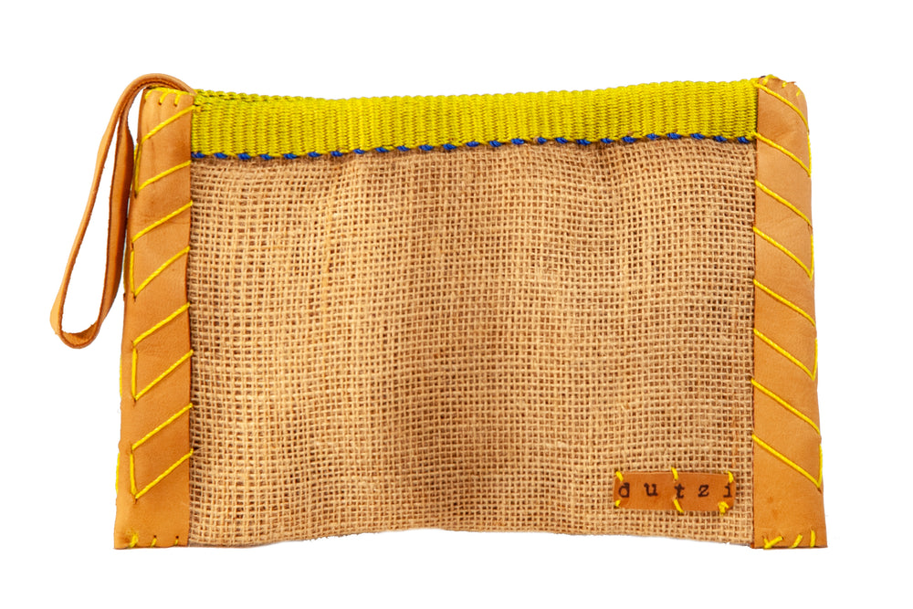 Vintage Burlap Pouch with Leather & Mecapal