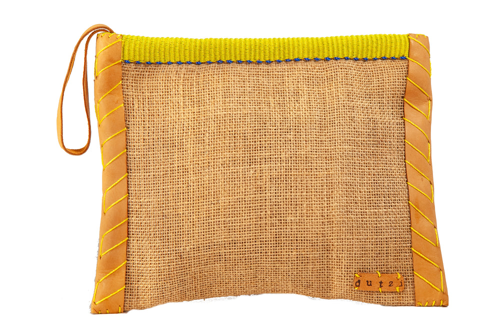 Vintage Burlap Pouch with Leather & Mecapal