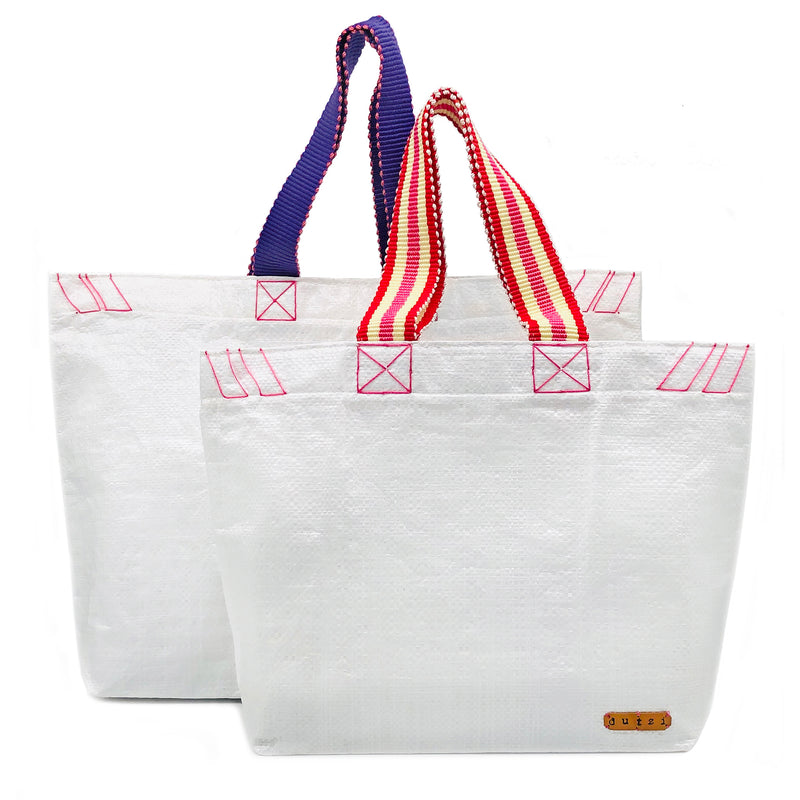 White Raffia Tote with Colorful Strap